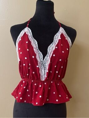 Red Polka Dot Lace-Trim Halter Top
